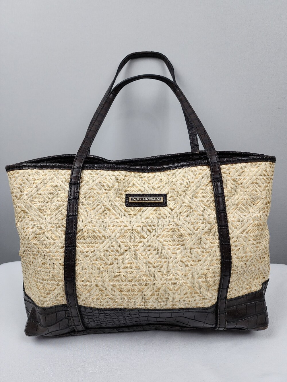 Dana Buchman Straw Shoulder Bag Tote with Dark Brown Croc Trim